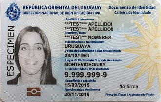 Picture of a Uruguayan identity card sample. The identity number 9.999.999-9 is shown in big, bold letters.